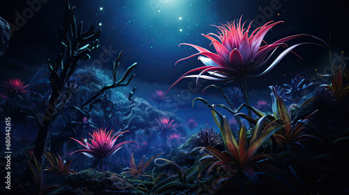 Mystical night scene, lit by bioluminescent plants and creatures AI generative