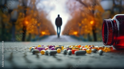 A conceptual image depicting the journey of overcoming drug and opioid addiction, symbolizing the struggle and success of becoming free from the grip of prescription pills and substance abuse. photo