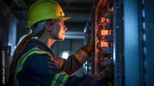 copy space, stockphoto, Candid shot of a female commercial electrician at work on a fuse box, adorned in safety gear, demonstrating professionalism. Female engineer working on an electicity installati