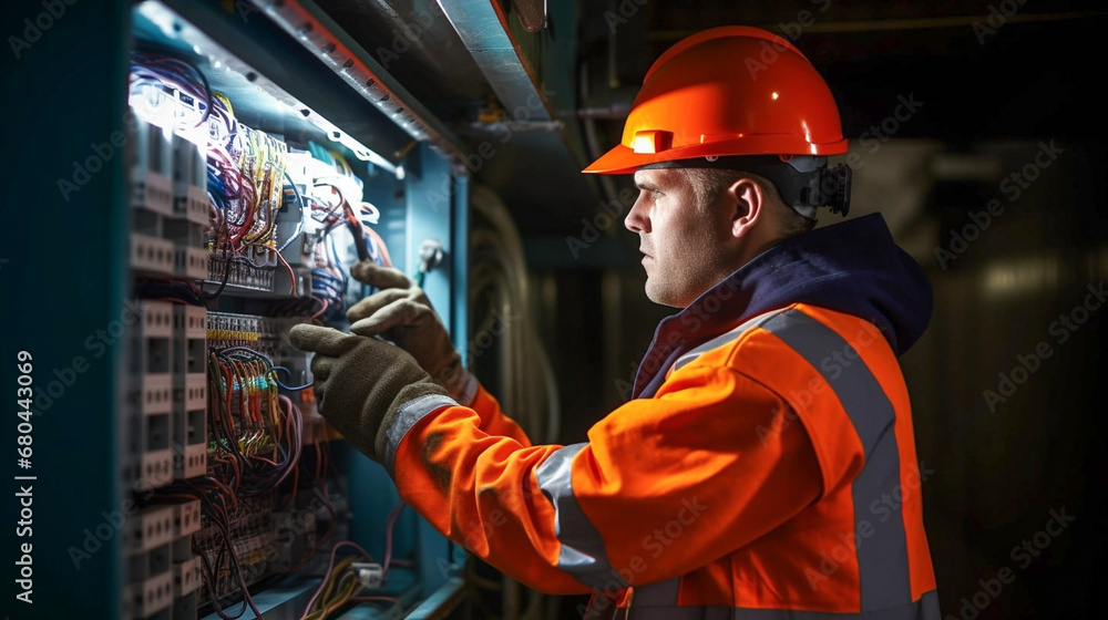 copy space, stockphoto, Candid shot of a maler commercial electrician at work on a fuse box, adorned in safety gear, demonstrating professionalism. maleengineer working on an electicity installation. copy space, stockphoto, Candid shot of a maler commercial electrician at work on a fuse box, adorned in safety gear, demonstrating professionalism. maleengineer working on an electicity installation.