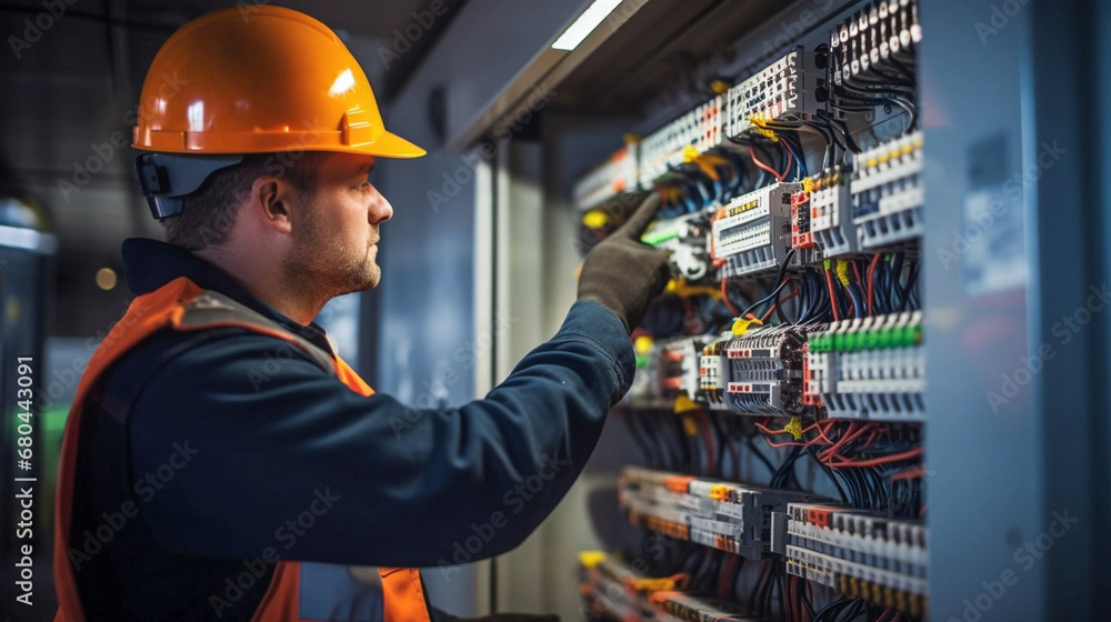 copy space, stockphoto, Candid shot of a maler commercial electrician at work on a fuse box, adorned in safety gear, demonstrating professionalism. maleengineer working on an electicity installation. - obrazy, fototapety, plakaty 