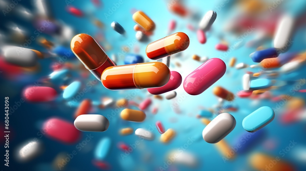 An array of multicolored pharmaceutical pills and capsules, including opioids, vitamins, and a variety of medicines, scattered across a surface, representing healthcare and medication diversity. - obrazy, fototapety, plakaty 