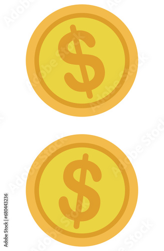 Gold coin flat icon. Dollar coin. Coin with dollar sign. Money symbol isolated on white background.