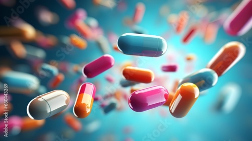 An array of multicolored pharmaceutical pills and capsules, including opioids, vitamins, and a variety of medicines, scattered across a surface, representing healthcare and medication diversity. photo