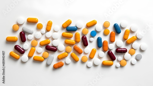 An array of multicolored pharmaceutical pills and capsules, including opioids, vitamins, and a variety of medicines, scattered across a surface, representing healthcare and medication diversity.