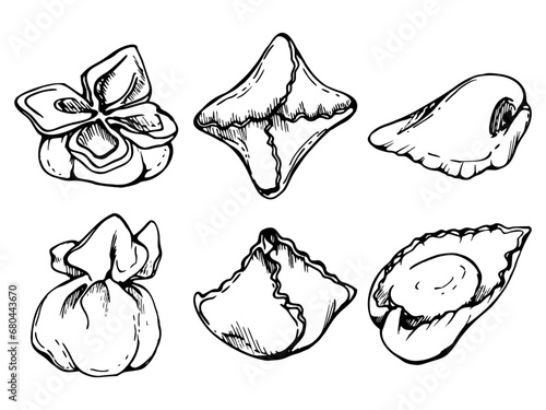 Hand drawn vector ink illustration. Types of pasta Italian cuisine fagottini tortellini dish. Set of single object elements isolated on white. For restaurant menu, food shop and package, flyer, print.