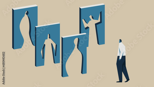 A man looking up at various humanoid frames.