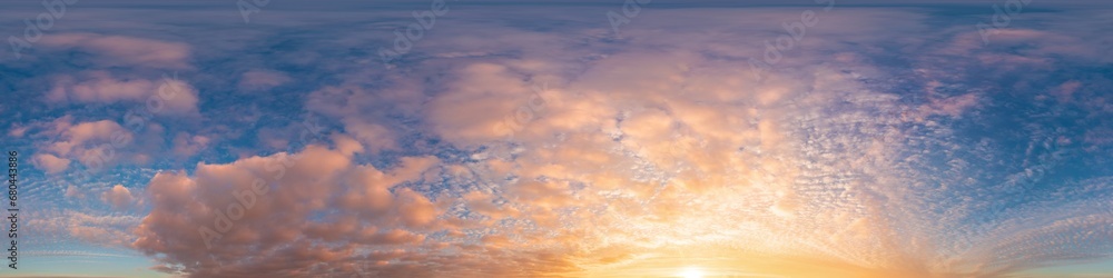 Sunset sky panorama with bright glowing pink Cumulus clouds. HDR 360 seamless spherical panorama. Full zenith or sky dome in 3D, sky replacement for aerial drone panoramas. Climate and weather change. Sunset sky panorama with bright glowing pink Cumulus clouds. HDR 360 seamless spherical panorama. Full zenith or sky dome in 3D, sky replacement for aerial drone panoramas. Climate and weather change.