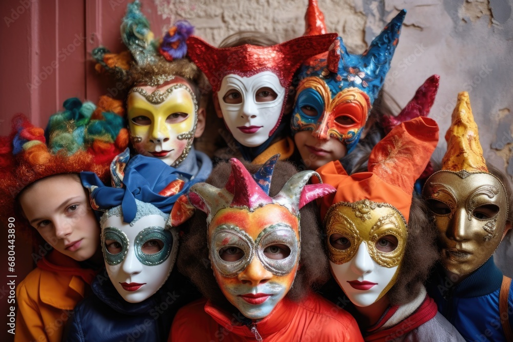 A group of children wearing colorful carnival masks standing in front of a wall. This picture can be used to depict a festive celebration or a fun and playful atmosphere. A group of children wearing colorful carnival masks standing in front of a wall. This picture can be used to depict a festive celebration or a fun and playful atmosphere.