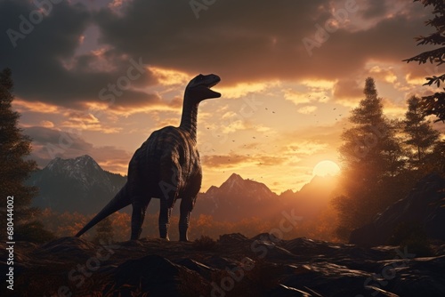 A dinosaur standing on top of a rocky hill. This image can be used to depict prehistoric creatures, nature, or adventure themes.