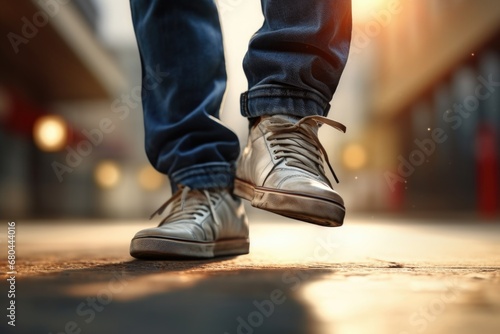 A detailed view of a person s shoes on a sidewalk. This picture can be used to represent urban lifestyle  walking  or fashion trends.