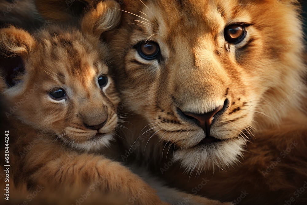 A close up shot of a lion and a baby lion. This image captures the bond between a parent and child in the animal kingdom. Perfect for illustrating family, parenting, or wildlife themes A close up shot of a lion and a baby lion. This image captures the bond between a parent and child in the animal kingdom. Perfect for illustrating family, parenting, or wildlife themes