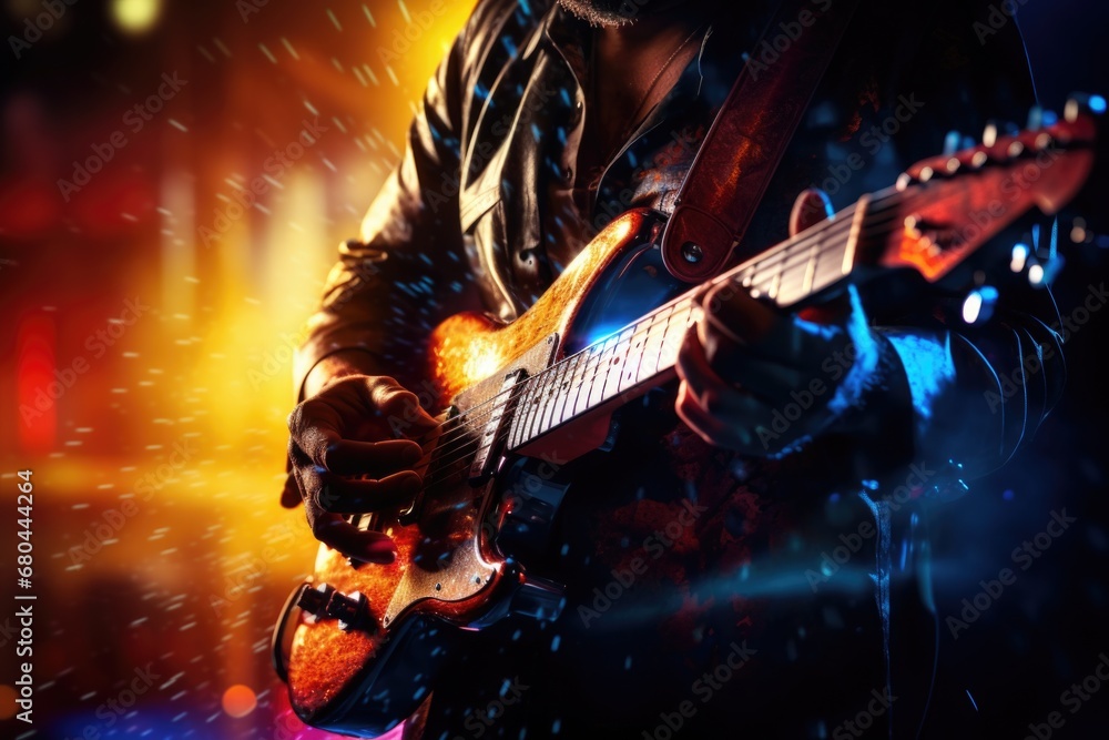Obraz premium A man wearing a leather jacket playing a guitar. This image can be used to represent musicians, live performances, rock and roll, or music culture