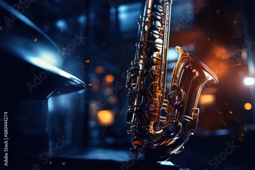 A saxophone resting on a wooden table. This image can be used to showcase musical instruments or for music-themed designs