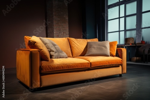 A picture of a yellow couch with pillows in a dark room. This image can be used to depict a cozy and inviting living space