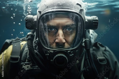 A man in a diving suit wearing a gas mask. This image can be used to depict concepts related to underwater exploration, scuba diving, industrial safety, or post-apocalyptic scenarios