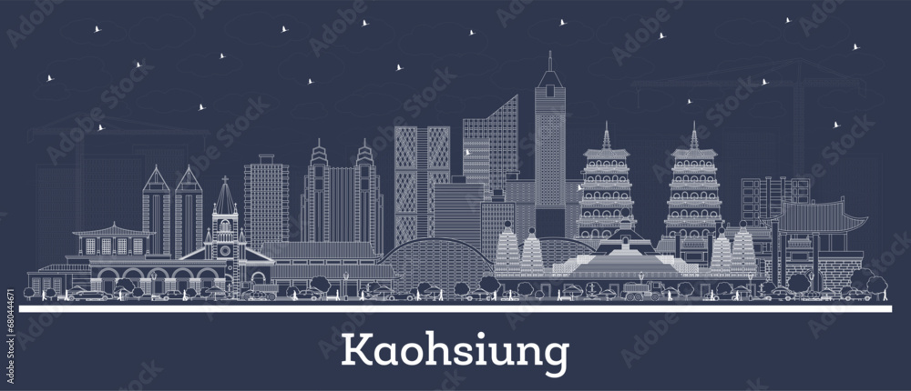 Outline Kaohsiung Taiwan city skyline with white buildings. Business travel and tourism concept with historic architecture. Kaohsiung cityscape with landmarks.