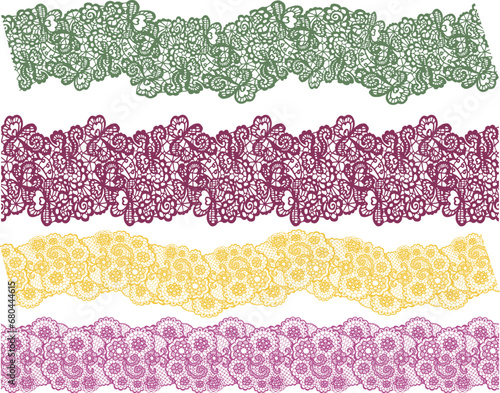 SET OF DECORATIVE EMBROIDERY LACE TRIM USED FOR WOMEN AND GIRLS APPAREL DRESSES TOPS AND ACCESSORIES FASHION DESIGN VECTOR ILLUSTRATION