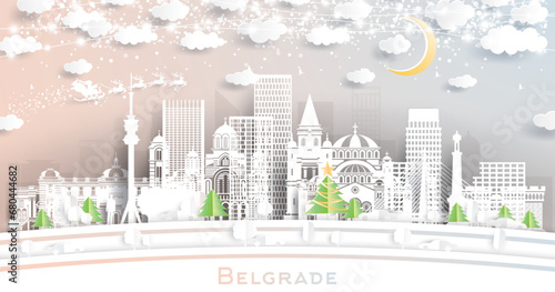 Belgrade Serbia. Winter city skyline in paper cut style with snowflakes, moon and neon garland. Christmas and new year concept. Santa Claus on sleigh. Belgrade cityscape with landmarks. photo
