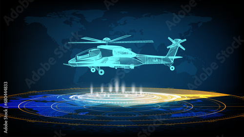 Military Helicopter with Futuristic High Technology Laser Projection. Science Fiction theme Wallpaper.