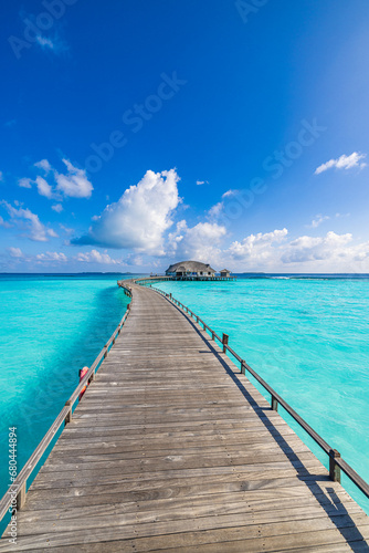 Maldives paradise island. Tropical aerial landscape, seascape long jetty pier water villas. Amazing sea sky sunny lagoon beach, tropical nature. Exotic tourism destination popular summer vacation © icemanphotos