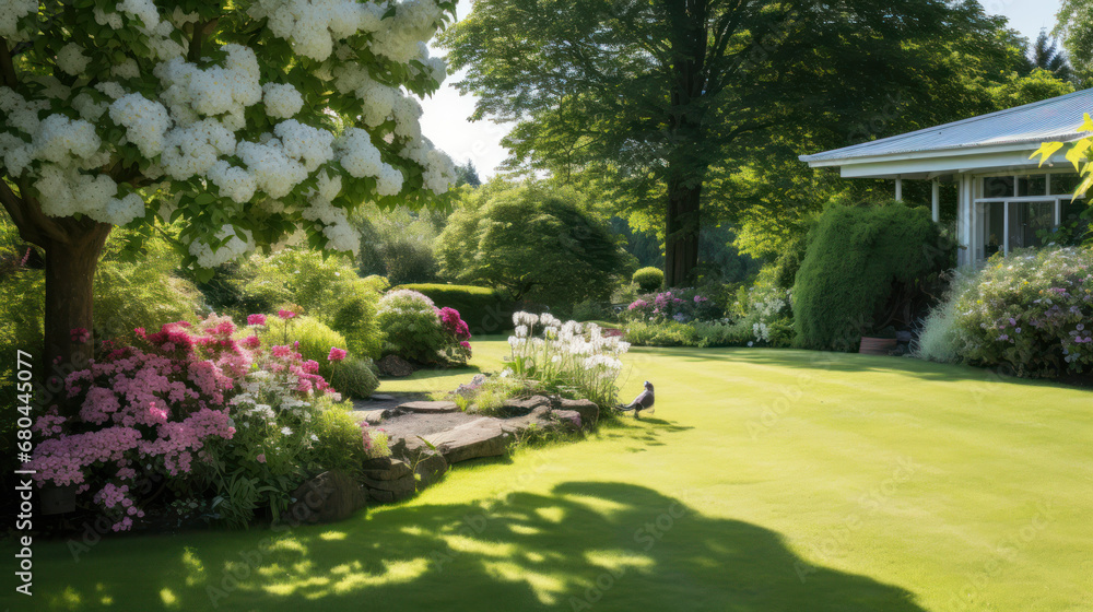 Front yard, landscape design With multicolored shrubs intersecting with bright green lawns Behind the house is a modern, garden care service, green grass with a beautiful yard for the background.