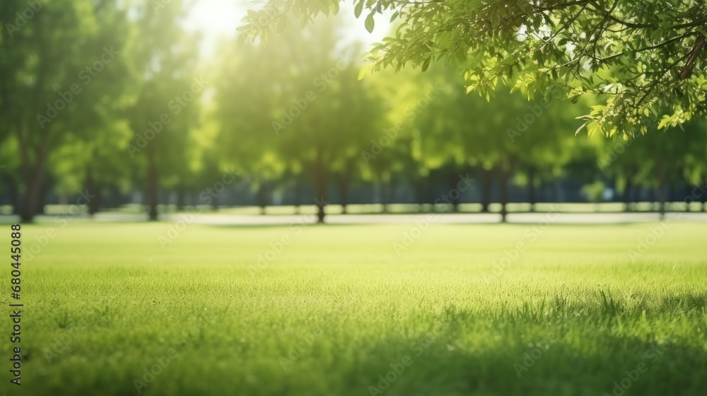 Obraz premium Beautiful blurred background image of spring nature with a neatly trimmed lawn surrounded by trees against a blue sky with clouds on a bright sunny day.