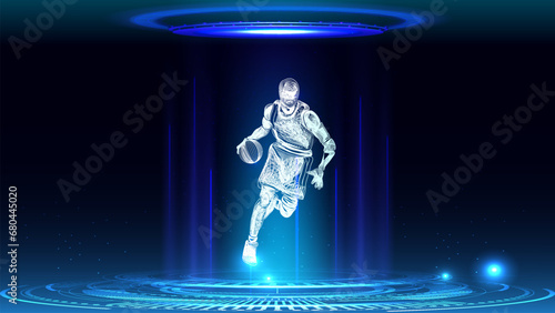 Futuristic action figure of a basketball player with high tech neon glow effects. Line art vector style.