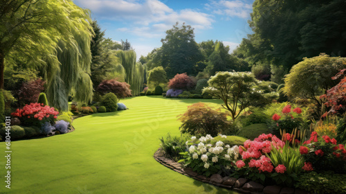 Front yard, landscape design With multicolored shrubs intersecting with bright green lawns Behind the house is a modern, garden care service, green grass with a beautiful yard for the background. photo