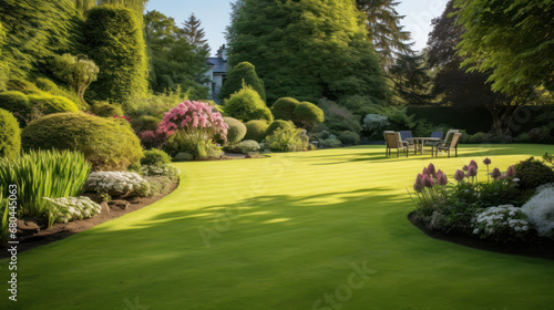 Front yard, landscape design With multicolored shrubs intersecting with bright green lawns Behind the house is a modern, garden care service, green grass with a beautiful yard for the background. © Nataliya
