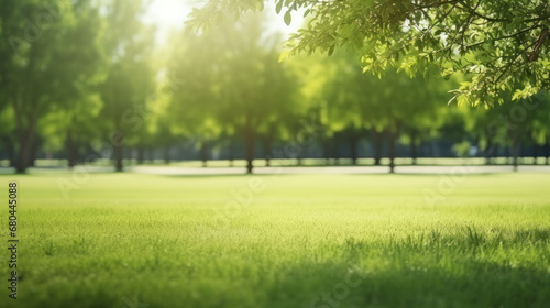 Beautiful blurred background image of spring nature with a neatly trimmed lawn surrounded by trees against a blue sky with clouds on a bright sunny day. photo
