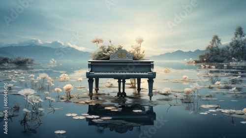 Piano in the lake with beautiful nature background.3d rendering. 