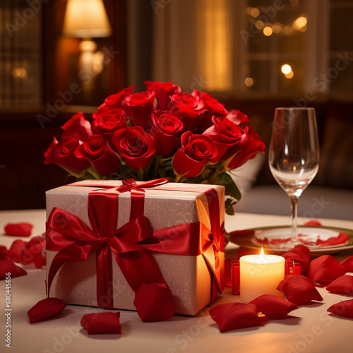 A romantic scene unfolds in a softly lit room adorned with elegant decor. A beautifully wrapped Valentine's Day gift rests atop a tastefully decorated table