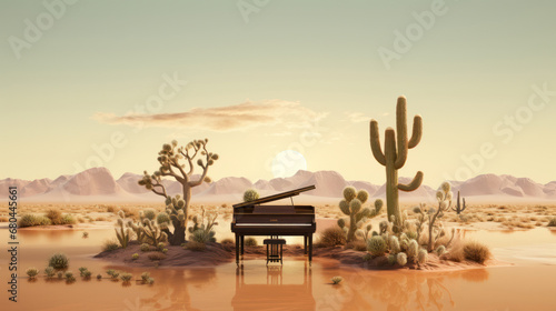 Piano in the desert with cactuses. 3d render. 