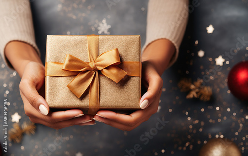 Christmas composition with a hand holding gift box on light background. Flat lay, top view © Yoori