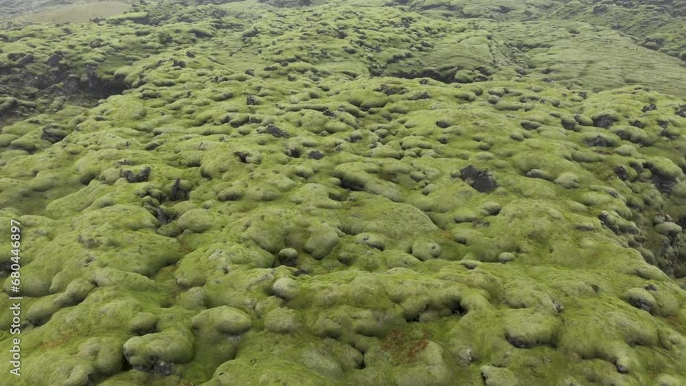 Aerial view of Eldhraun lava field, Iceland, flying with drone above mossy geological lava flows and pillows Aerial view of Eldhraun lava field, Iceland, flying with drone above mossy geological lava flows and pillows