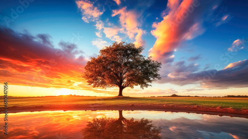 Tree and puddle at sunset. Beautiful landscape. Nature composition.