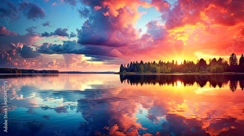 Fantastic sunset over lake. Dramatic sky. Beauty world. Beautiful landscape. Nature composition. 