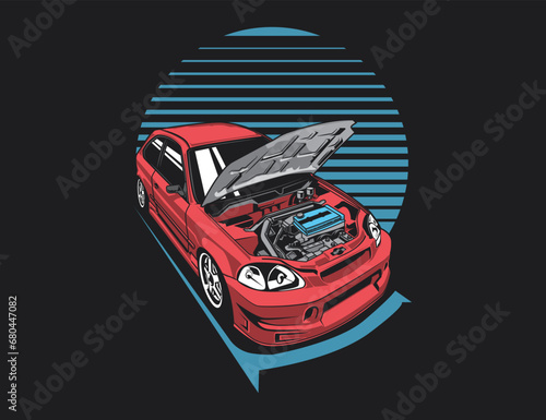open hood 90s car showing engine image vector along with striped round background design