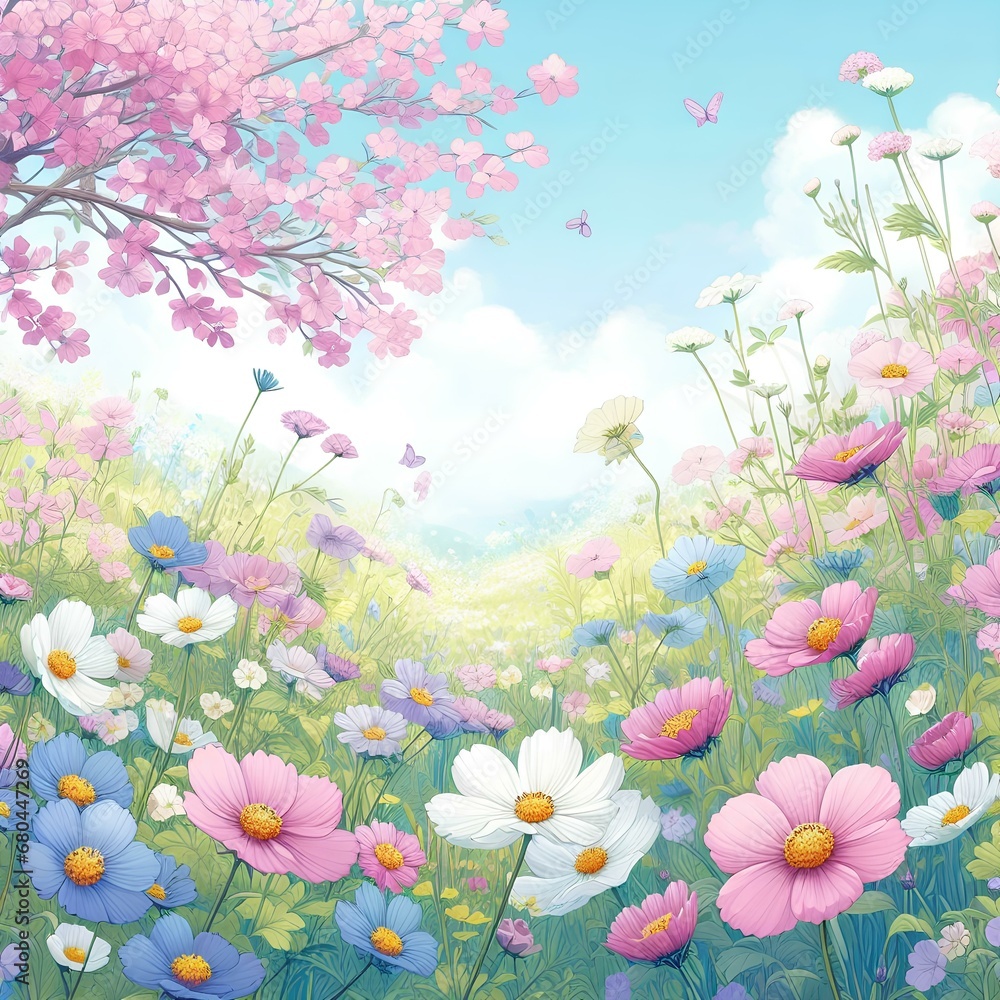 Illustration of flower meadow in spring.