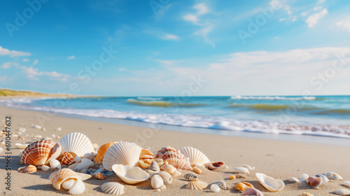 collection of sea shells close-up against the background of the ocean