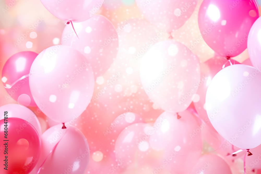Holiday background with pink and white balloons and bokeh lights. 