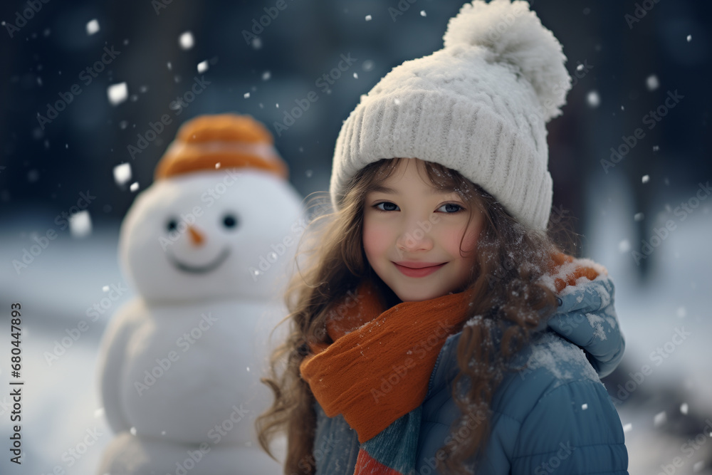 portrait of a beautiful girl in a winter hat, snowman in the background