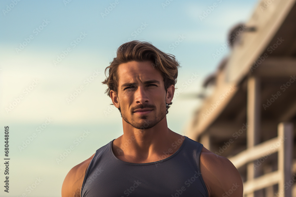 A fit man in sportswear stands confidently on the beach, embodying health and vitality.