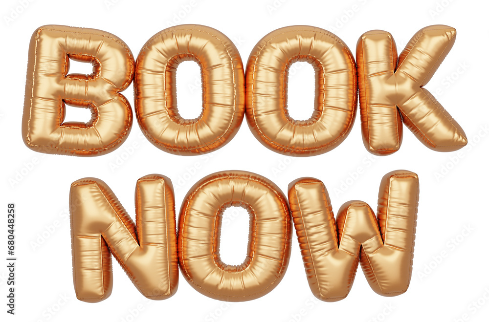 Golden balloon 3d text. Typography. 3D illustration. Book Now. Golden balloon 3d text. Typography. 3D illustration. Book Now.