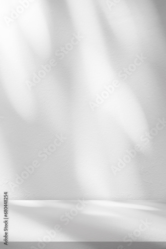 Background White Wall Studio with Light,Shadow on Surface floor,Empty Kitchen Room with Desk Podium Display Mockup,Top Shelf Bar with Sunlight,Backdrop Concrete background for Spring Cosmetic Product