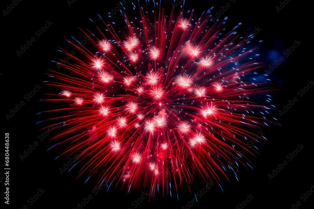 Red and blue fireworks burst against night sky.
Red and blue fireworks burst against night sky.