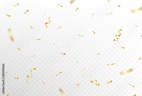 Confetti explosion on transparent background. Shiny golden paper pieces flying and spreading. small and big ribbons. curved. vector illustration