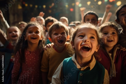 A group of children standing next to each other. This image can be used to depict friendship, teamwork, diversity, or a school setting.