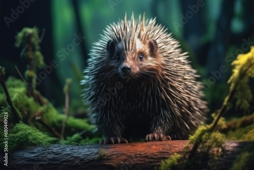 A porcupine is pictured sitting on a log in the woods. This image can be used to depict wildlife, nature, or forest environments